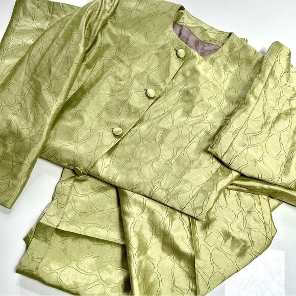 Vintage Mod Handmade One of a Kind Key Lime Sateen 2 Piece Pants Overcoat Set - Picture 1 of 15